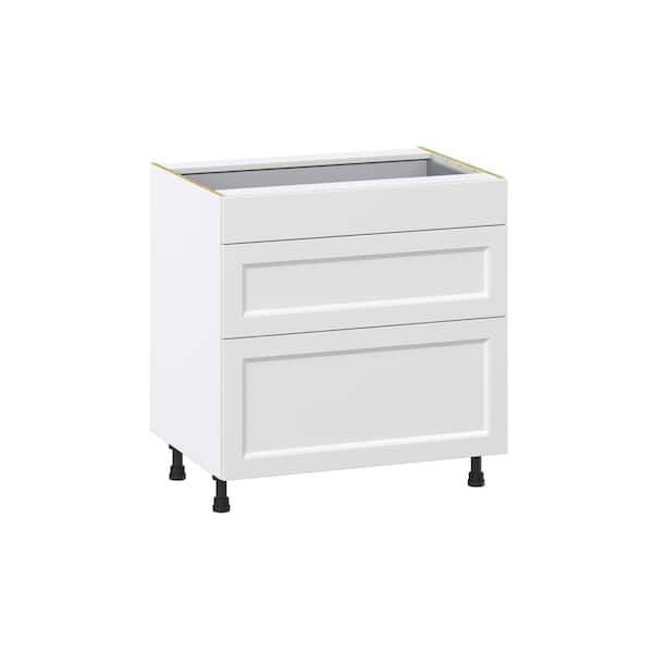 J COLLECTION Laramie 33 in. W x 24 in. D x 34.5 in. H Assembled Drawer Base Kitchen Cabinet in Painted Bright White with 3 Drawers