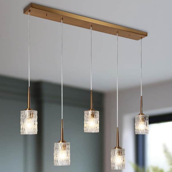 LNC Modern 5-Light Plating Brass Island Hardwired Chandelier with Cylinder Clear Ripple Glass Shades and No Bulb Included