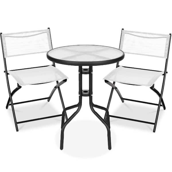 Best Choice Products White Metal 3-Piece Steel Outdoor Patio Bistro Set with Textured Glass Table Top, Folding Chairs