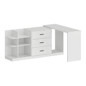 61.2 in. W L-Shape White Wooden 3 Drawer Foldable Computer Desk, Writing Desk with 7 Open Shelf