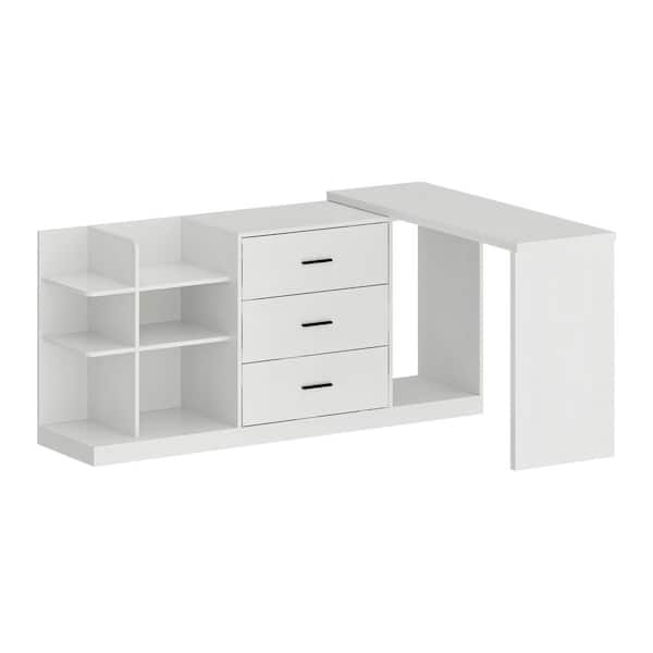 FUFU&GAGA 61.2 in. W L-Shape White Wooden 3 Drawer Foldable Computer ...