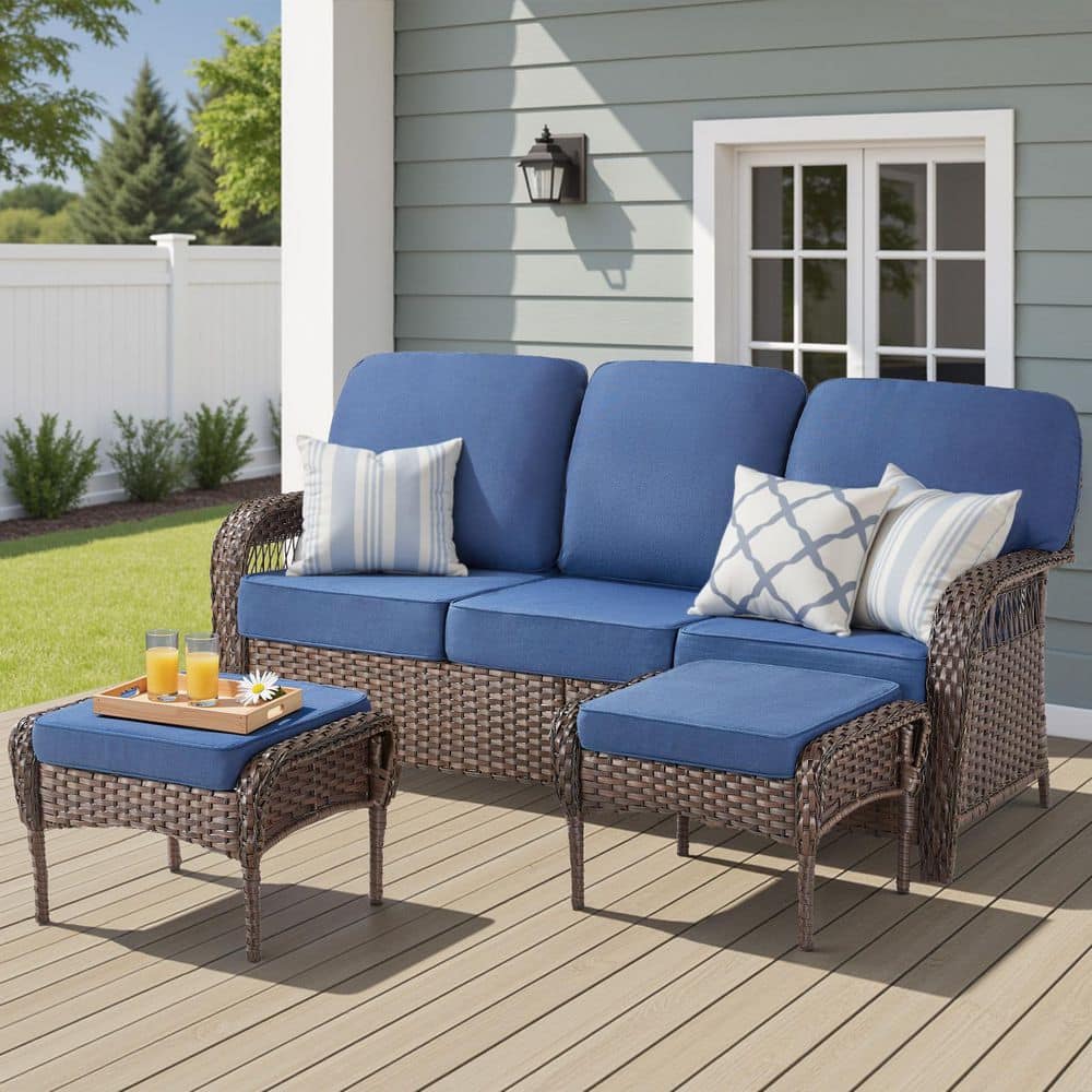 Tyber Brown 3-Piece Wicker Outdoor Couch Furniture Set Patio Sectional Rattan Sofa with 5 in. Blue Cushions, Ottomans price history on PriceWatchPro