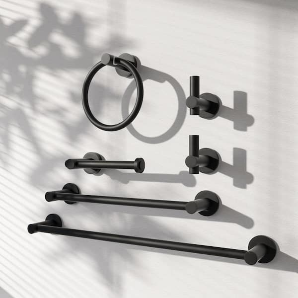 6 -Piece Bath Hardware Set with 2 Towel Bars/Racks, Toilet Paper Holder, 2 Towel/Robe Hooks, Towel Ring in Matte Black