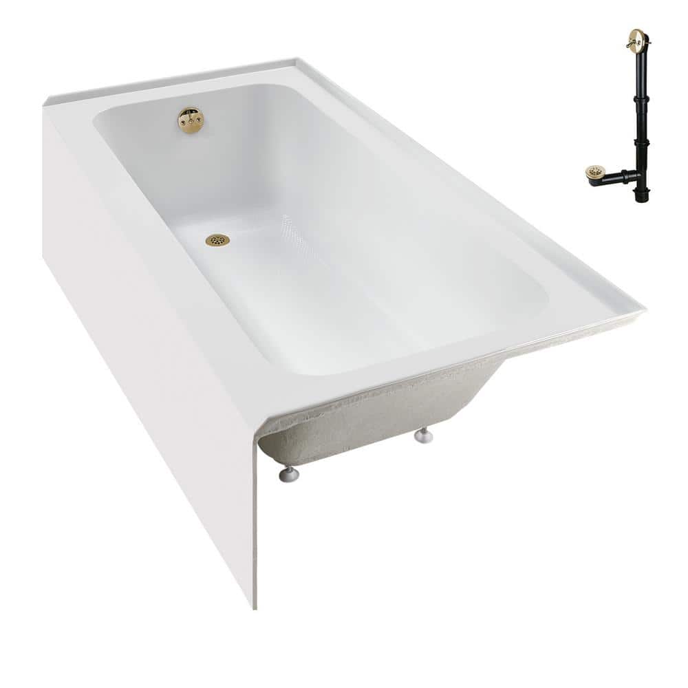 60-Inch Glossy White Acrylic Alcove Bathtub with Polished Brass Drain
