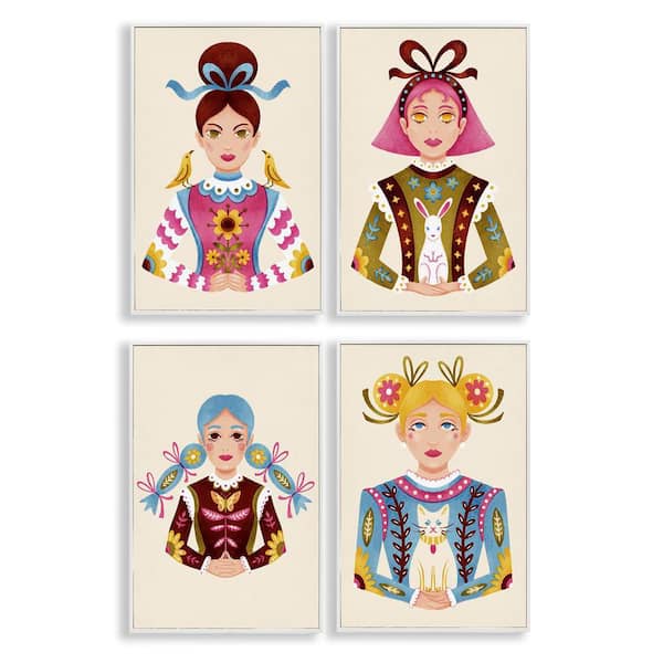 Floral Folk Women Portraits by Hannah Moren 4 Piece White Framed Abstract Giclee Art Print 24 in. x 16 in.