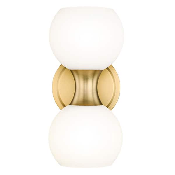Unbranded Artemis 6.5 in. 2-Light Modern Gold Wall Sconce Light with Matte Opal Glass Shade with No Bulbs Included