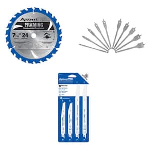 7-1/4 in. x 24 Tooth Saw Blade, 9-Pieces Wood and Metal Reciprocating Blades and 10-Pieces Spade Bit Set