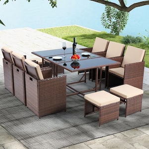 11-Piece Wicker Outdoor Dining Set, Patio Sectional Sofa Set with Khaki Cushions
