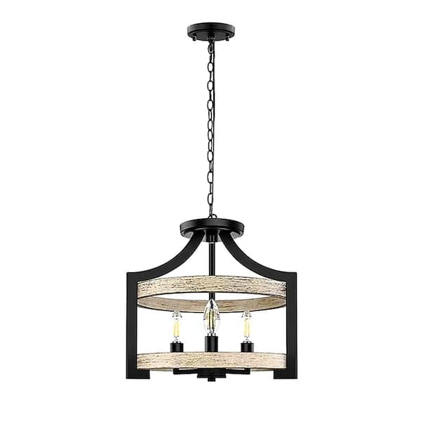 TAIFOND 3-Light Matte Black Chandelier with White Birch Wood Finish