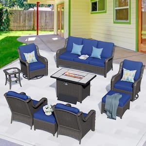 Oreille Brown 9-Piece Wicker Outdoor Patio Conversation Sofa Set with a Rectangle Firepit and Navy Blue Cushions