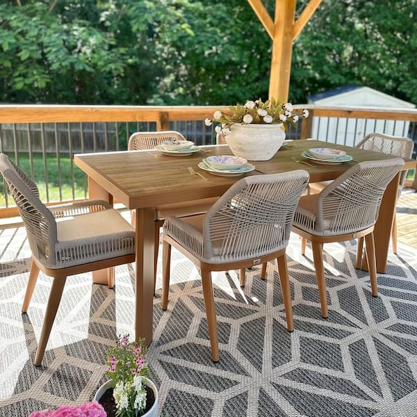 7-Piece Aluminum Outdoor Dining Set Teak Patio Furniture Set Wicker Table and Chairs with Cushions