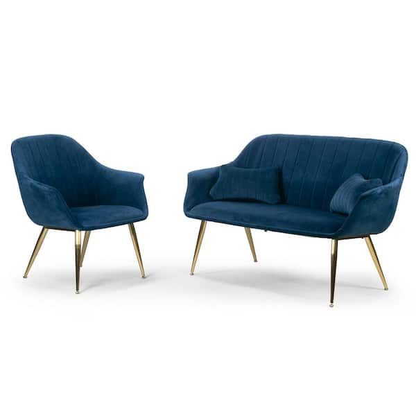 Glamour Home Decor Angela 2-Piece Blue Velvet Living Room Set