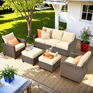 Palermo Brown 5-Piece Relaxing Modern Wicker Modular Outdoor Patio Conversation Sofa Set with Beige Cushions