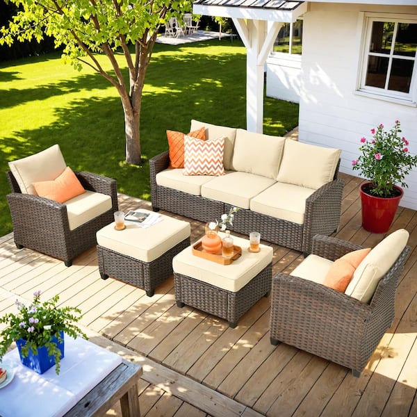 Toject Palermo Brown 5-Piece Relaxing Modern Wicker Modular Outdoor Patio Conversation Sofa Set with Beige Cushions