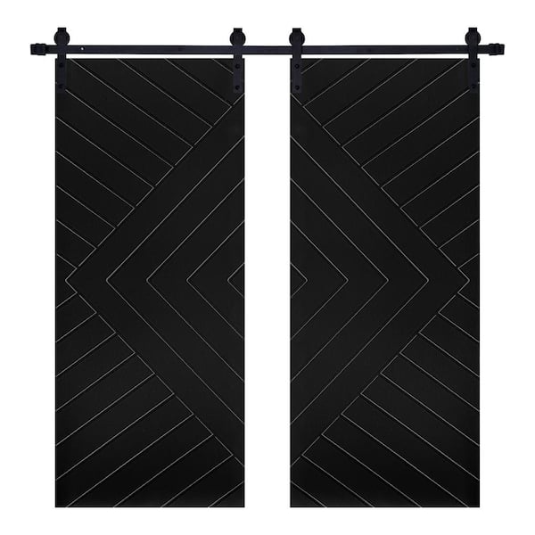 AIOPOP HOME Double 24 inch Modern Chevron Designed 48 in. x 84 in. Panel Black Painted MDF Sliding Barn Door with Hardware Kit
