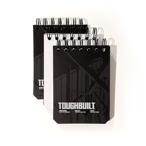 TOUGHBUILT Small Grid Notebooks with 100-sheets, heavy-gauge steel binding and rugged cover, black (3-Pack)