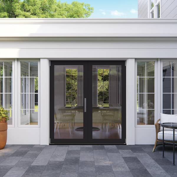 72 in. x 80 in. Left-Hand Folding Black/White Fiberglass 2-Panel Patio Door w/ Low-E Glass and Nickel Handle
