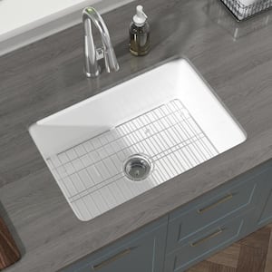 White Fireclay Kitchen Sink 27 in. Drop-in/Undermount Dual Mount Single Bowl Kitchen Sinks with Sink Grid and Strainer