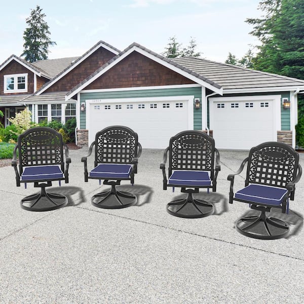 Vintage Swivel Cast Aluminum Patio Outdoor Dining Chair with Blue Cushions (4-Pack)