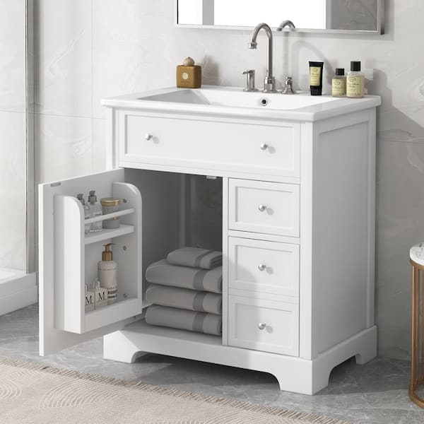 30 in. Single Sink Freestanding White Bath Vanity with White Ceramic Top Unassembled