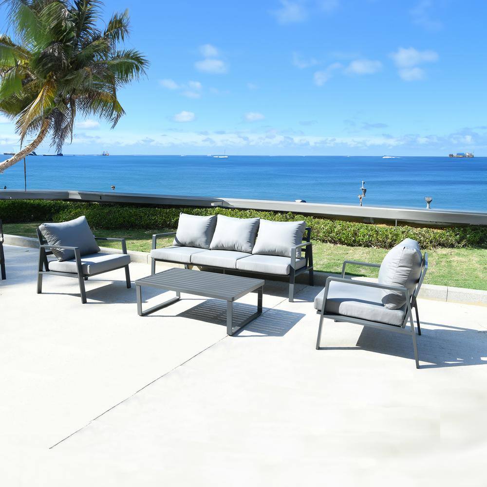 4 Piece Outdoor Wicker Patio Set and Coffee Table with Gray Cushions