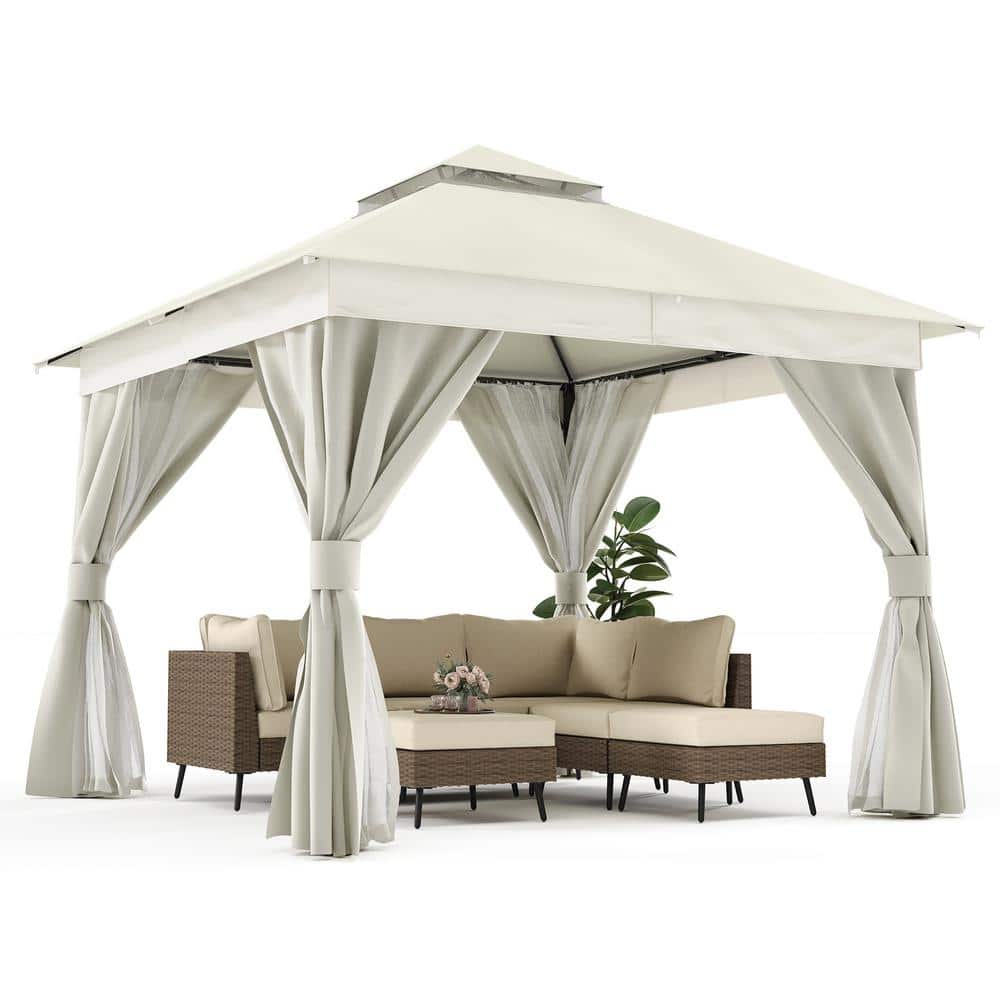 Creamy White Steel Patio Gazebo with Mosquito Netting and Curtains