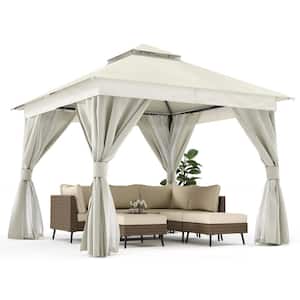 10 ft. x 10 ft. White Outdoor Patio Gazebo with Double Roof, Nettings and Privacy Screens
