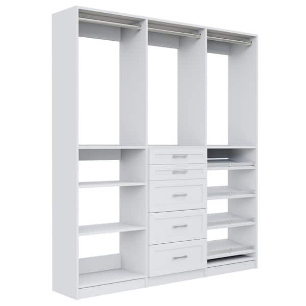 Alto Collection 79.5 in. W White Wall Mounted Shaker Hang w Shelves, 5-Drawer Hang, Hang Shoe Shelves Wood Closet System