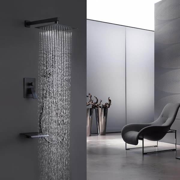 Double Handle 1-Spray Pattern with 1.8 GPM 10 in. Wall Mount Dual Shower Heads with Tub Faucet in Matte Black
