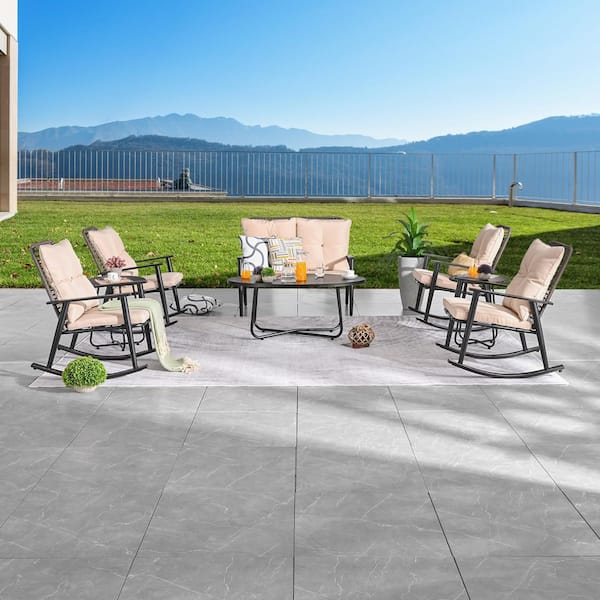 TOP HOME SPACE 8-Piece Metal Patio Conversation Set with Khaki Cushions