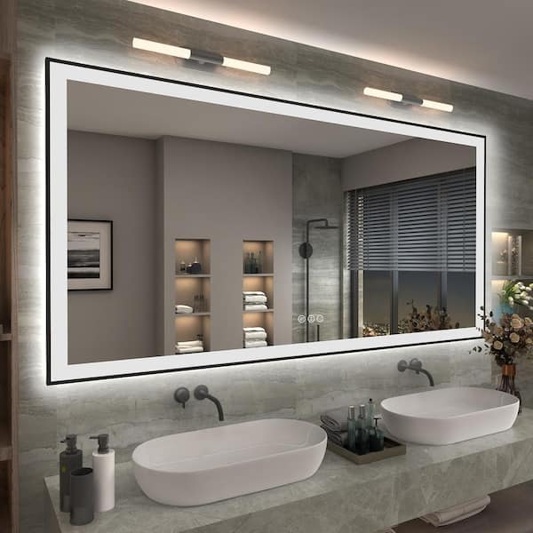 Apmir 72 in. W x 36 in. H Rectangular Space Aluminum Framed Dual Lights Anti-Fog Wall Bathroom Vanity Mirror in Tempered Glass