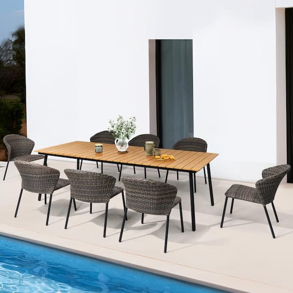 Pellebant 9-Piece Outdoor Patio Dining Set with Umbrella Hole and Faux Rattan Stackable Chairs