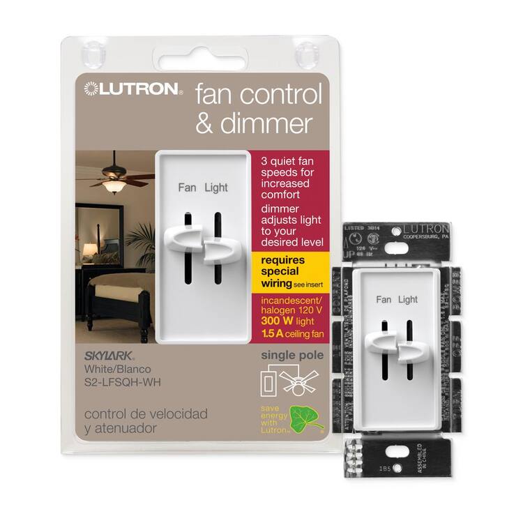 Lutron Skylark Combination Fan and Light Control, 3-Speed, 1.5 Amp Fan/300W Incandescent, Single-Pole, White (S2-LFSQH-WH)