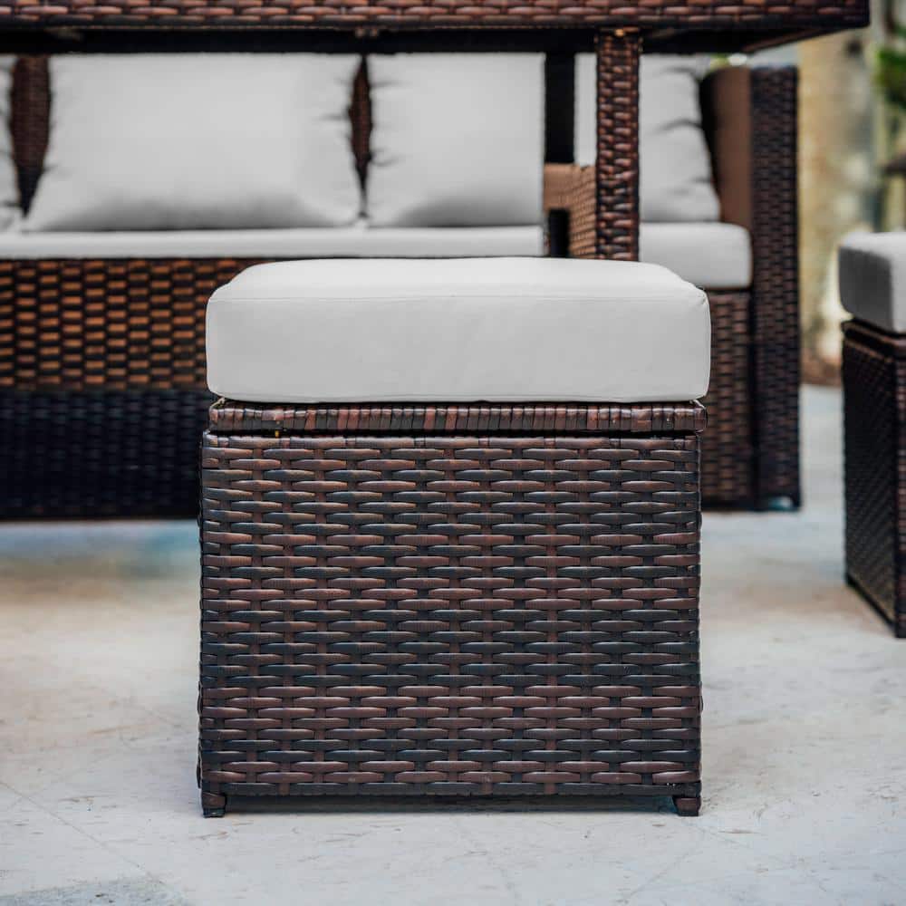 Brown Wicker 7-Piece Outdoor Dining Set with Off-White Cushions