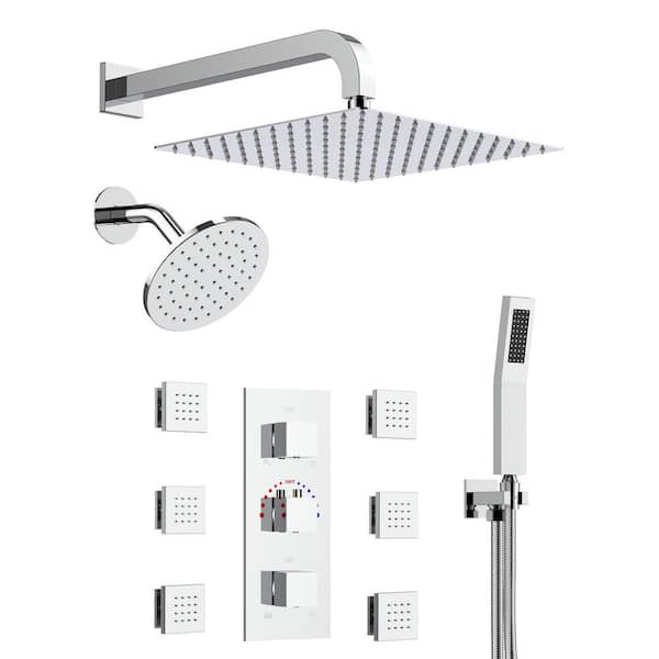 Thermostatic 8-Spray 12 and 6 in. Wall Mount Dual and Handheld ShowerHead 2.5 GPM with 6-Jets in Chrome (Valve Included)