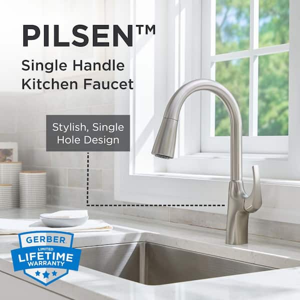 Pilsen Single Handle Pull Down Sprayer Kitchen Faucet with Deck Plate with Soap Dispenser in Stainless Steel