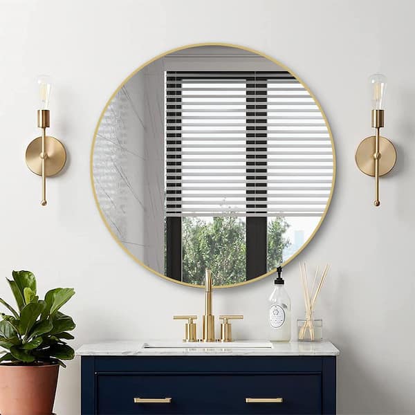 Cesicia 36 in. W x 36 in. H Round Framed Wall Mount Bathroom Vanity Mirror in Gold