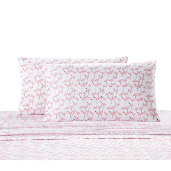 Flamingo 4-Piece White Microfiber King Sheet Set