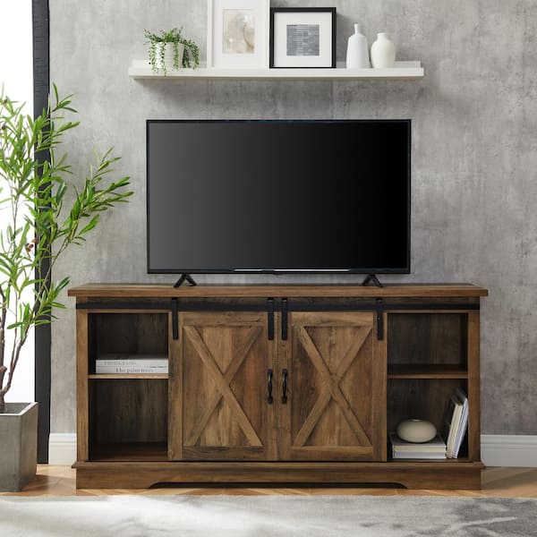 58 in. Farmhouse Rustic Oak Composite TV Stand with Sliding Doors (Max TV Size 65 in.)