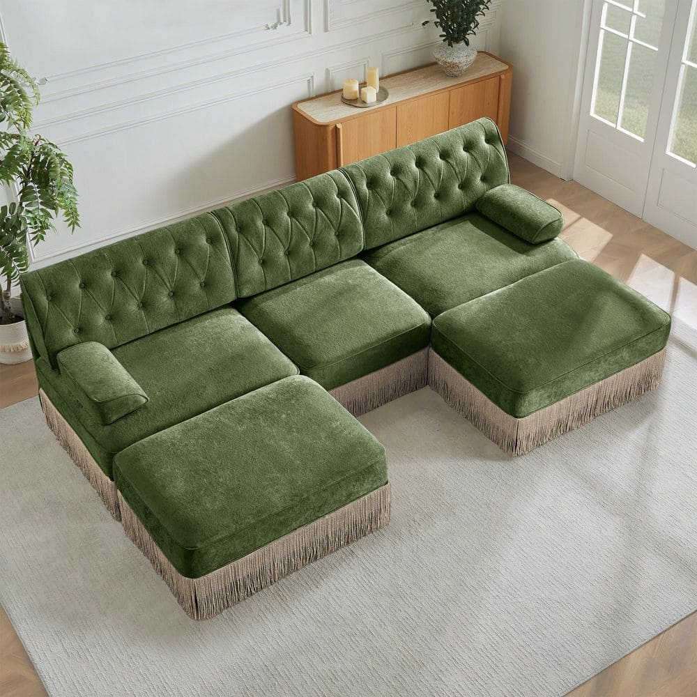 Modern 106.1 in. Curved Arms Velvet U-Shaped Tufted Modular Sectional Sofa in Green with 2 Ottomans and Skirt Base