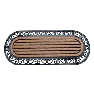 A1HC First Impression Striped Oval Black/Beige 18 in. x 48 in. Rubber and Coir Double Door Mat