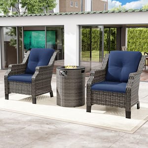 3-Piece Wicker Outdoor Patio Fire Pit Chair Set with Blue Cushions and Round Fire Pit Table