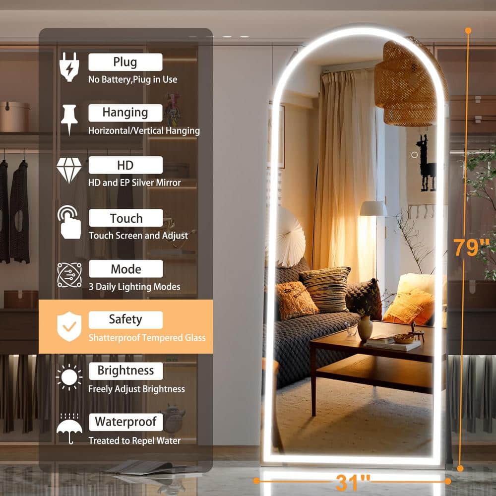 Oversized Black Metal Arch LED Full-Length Standing Mirror