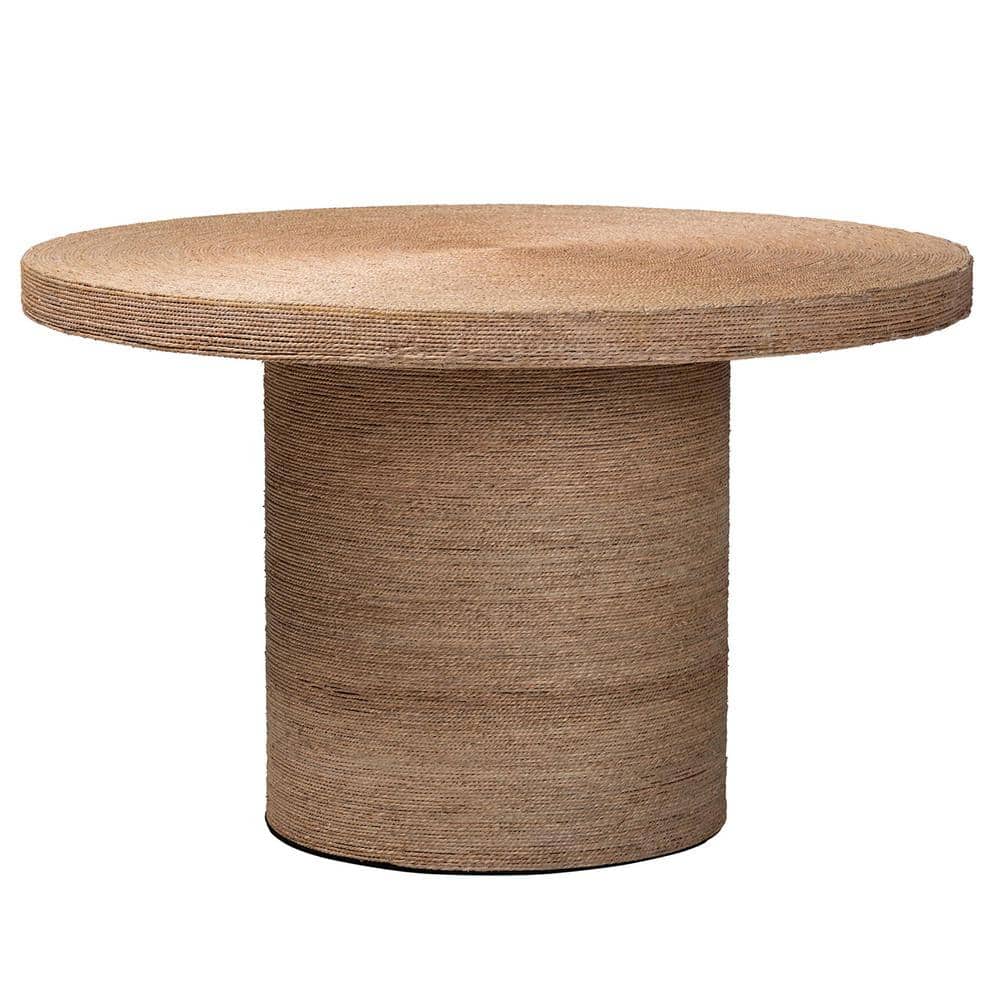Bistra Natural Brown Seagrass and Wood Round Dining Table with Glass Top