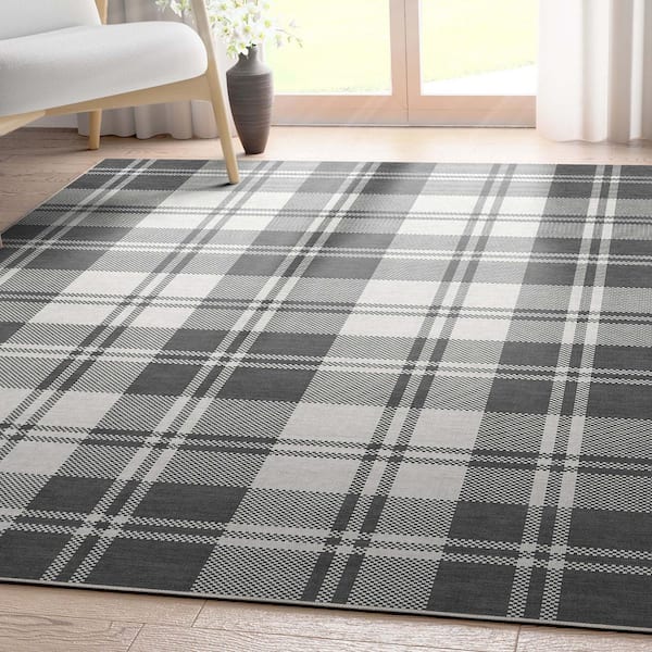 Dark Grey 7 ft. 7 in. x 9 ft. 10 in. Apollo Plaid Farmhouse Geometric Area Rug