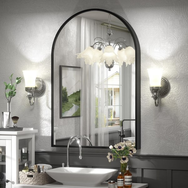 24 in. W x 36 in. H Arch Aluminum Alloy Framed and Tempered Glass Wall Decor Bathroom Vanity Mirror in Matte Black