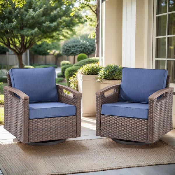 Opohoro Concordo Brown Wicker Outdoor Rocking Chair Patio Swivel Glider with Navy Blue Cushions for Porch or Balcony (2-Pack)