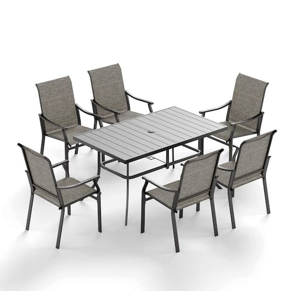 PHI VILLA Black 7-Piece Metal Rectangle Table Outdoor Patio Dining Set with Textilene Chairs