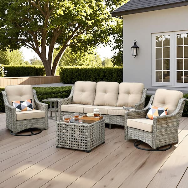Blanche 5-Piece Wicker Patio Conversation Seating Sofa Set with Beige Cushions and Swivel Rocking Chairs