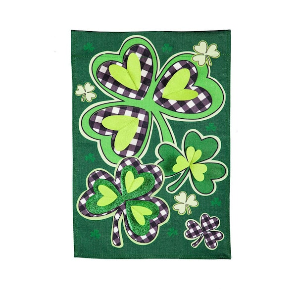 Evergreen 12.5 in. x 18 in. Shamrocks with Checks Garden Burlap Flag